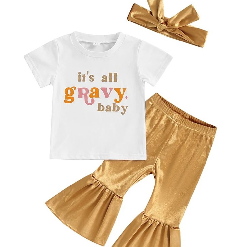 "It's All Gravy Baby" Tee & Flare Pants & Headband 3pcs Outfit